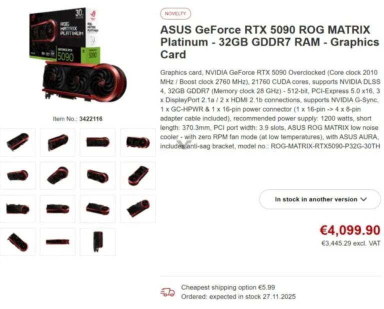 Asus випустить лише 1000 відеокарт ROG Matrix Platinum RTX 5090 вартістю понад €4000